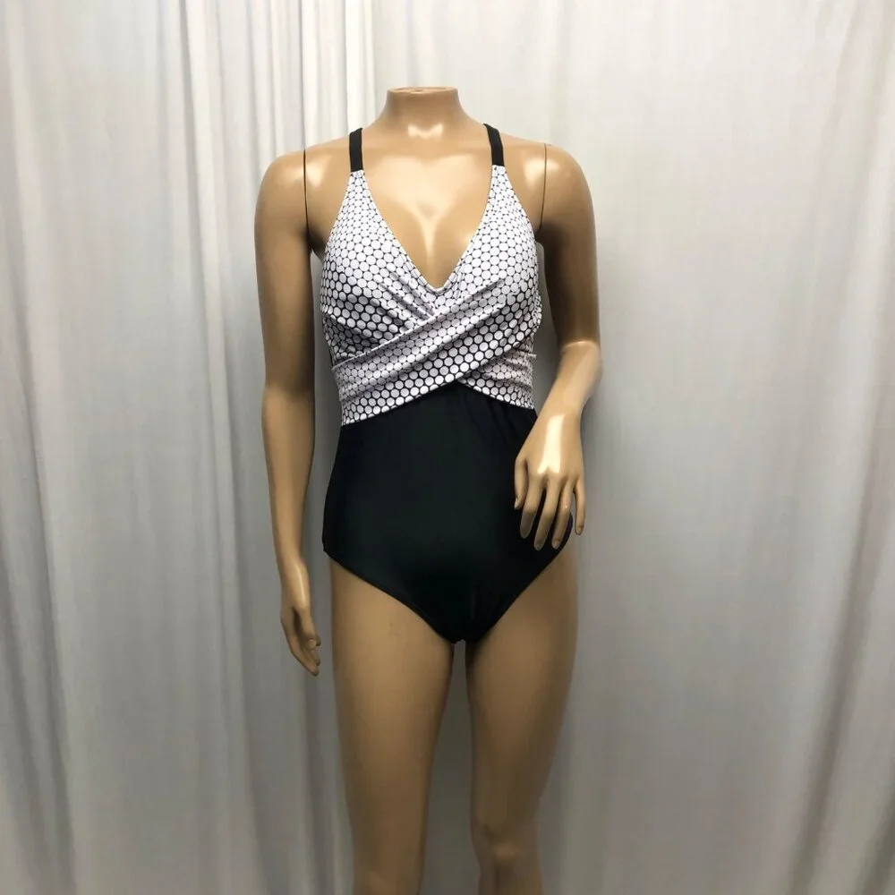 B2Prity Black White Polka Dot Wrap One-Piece Swimsuit Womens Size Large NEW